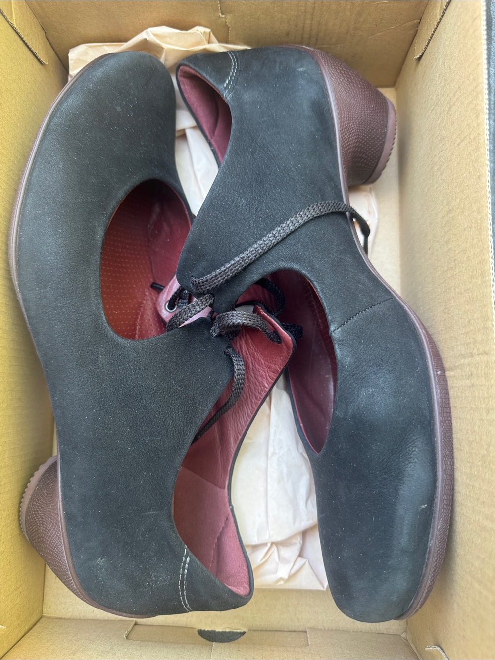 Ecco Black Suede Mary Jane Heels with Burgundy Interior